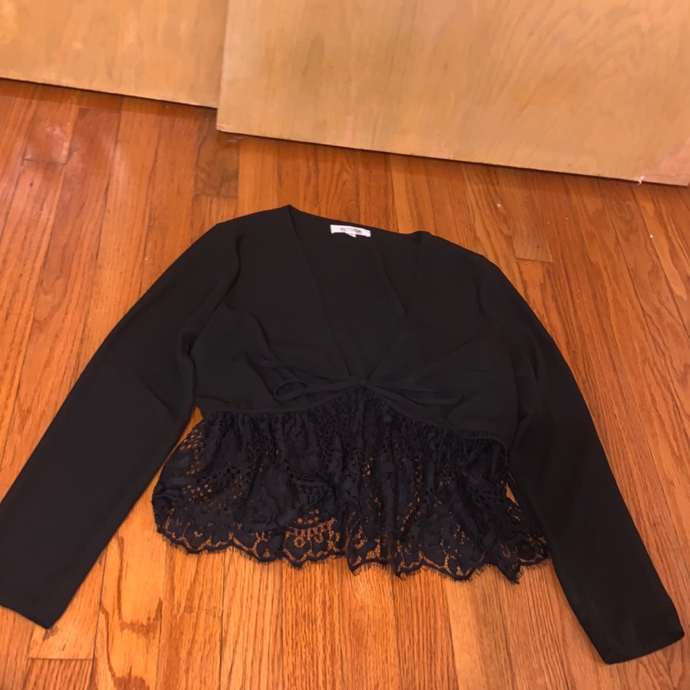 Black, front tie, long sleeve blouse